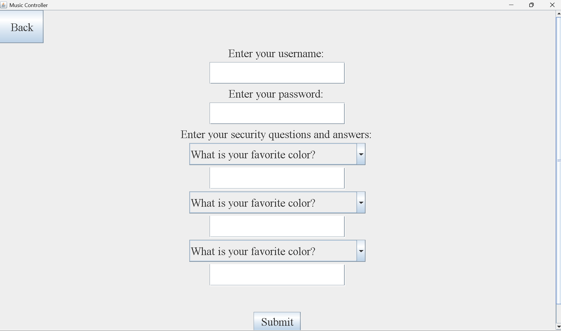 Music Controller Create Account Page